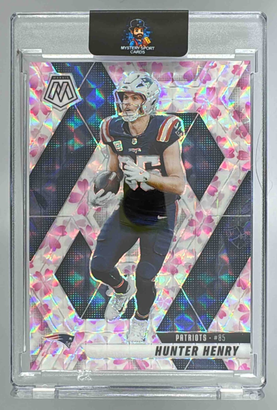 Card image for 2025 Panini Mosaic Hunter Henry Choice Cherry Blossom Prizm /20 #79 Patriots