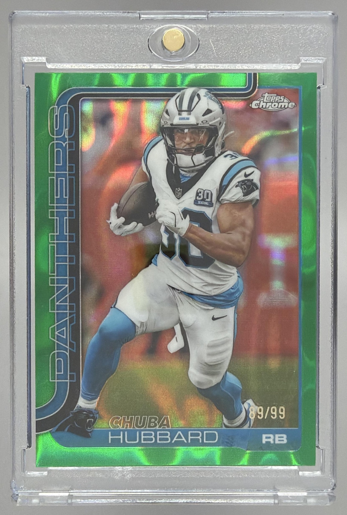 Card image for 2025 Topps Chrome Chuba Hubbard Green Refractor /99 #42 Panthers