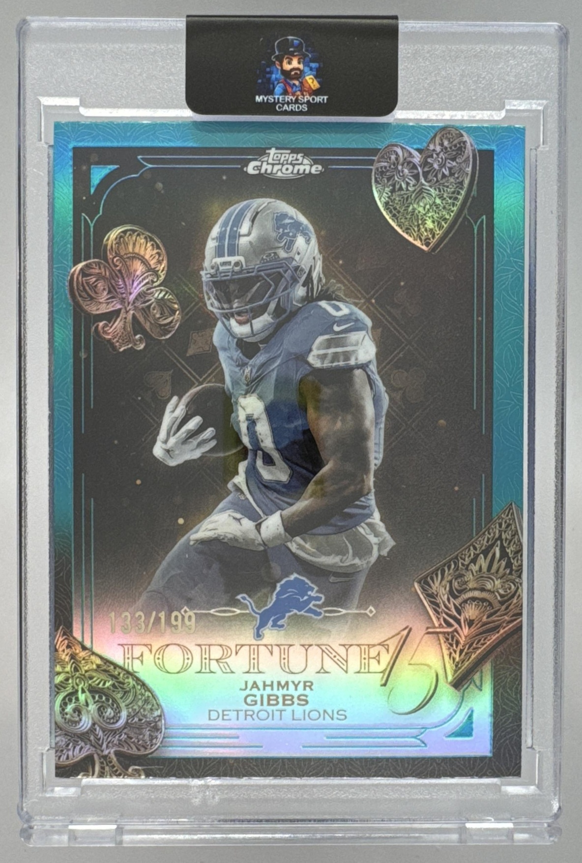 Card image for 2025 Topps Chrome Jahmyr Gibbs Fortune 15 Aqua Refractor /199 #F15-12 Lions