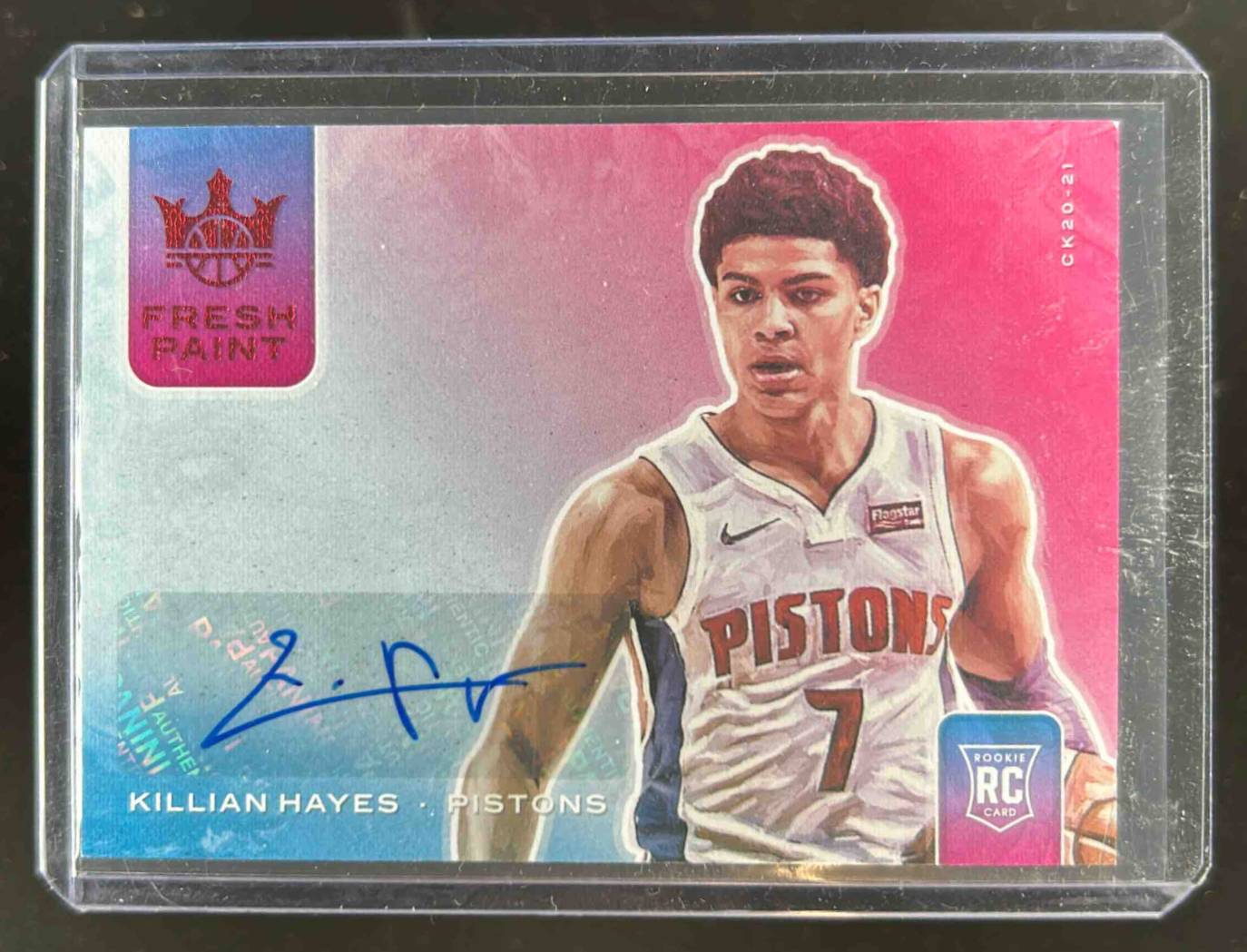 Card image for 2020-21 Panini Court Kings Killian Hayes Fresh Paint Ruby 55 /99 #FP-KHY RC Auto