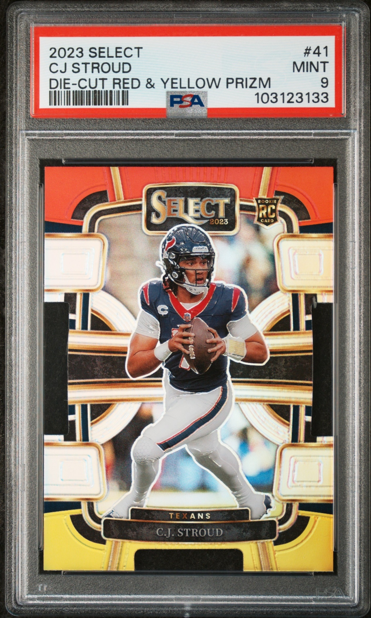 Card image for 2023 Panini Select C.J. Stroud Red and Yellow Prizms Die Cut #41 RC Concourse Texans