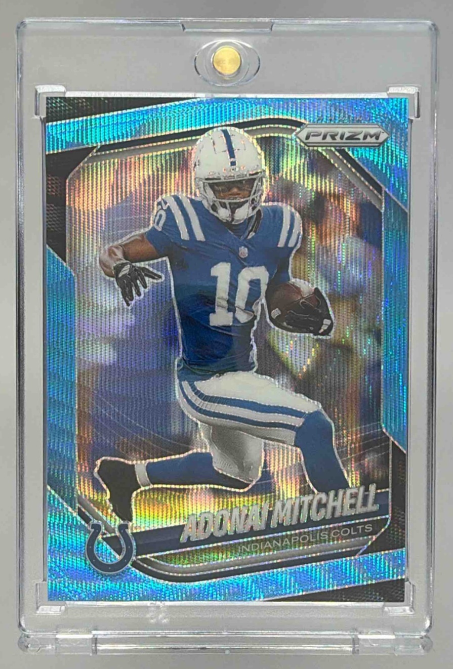 Card image for 2025 Panini Football Prizm Adonai Mitchell Blue Wave /230 #49 Indianapolis Colts
