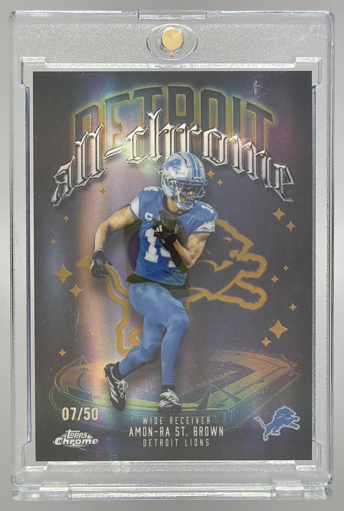 Card image for 2025 Topps Chrome Amon-Ra St. Brown All Team Gold Refractor /50 #ACT-7 Lions
