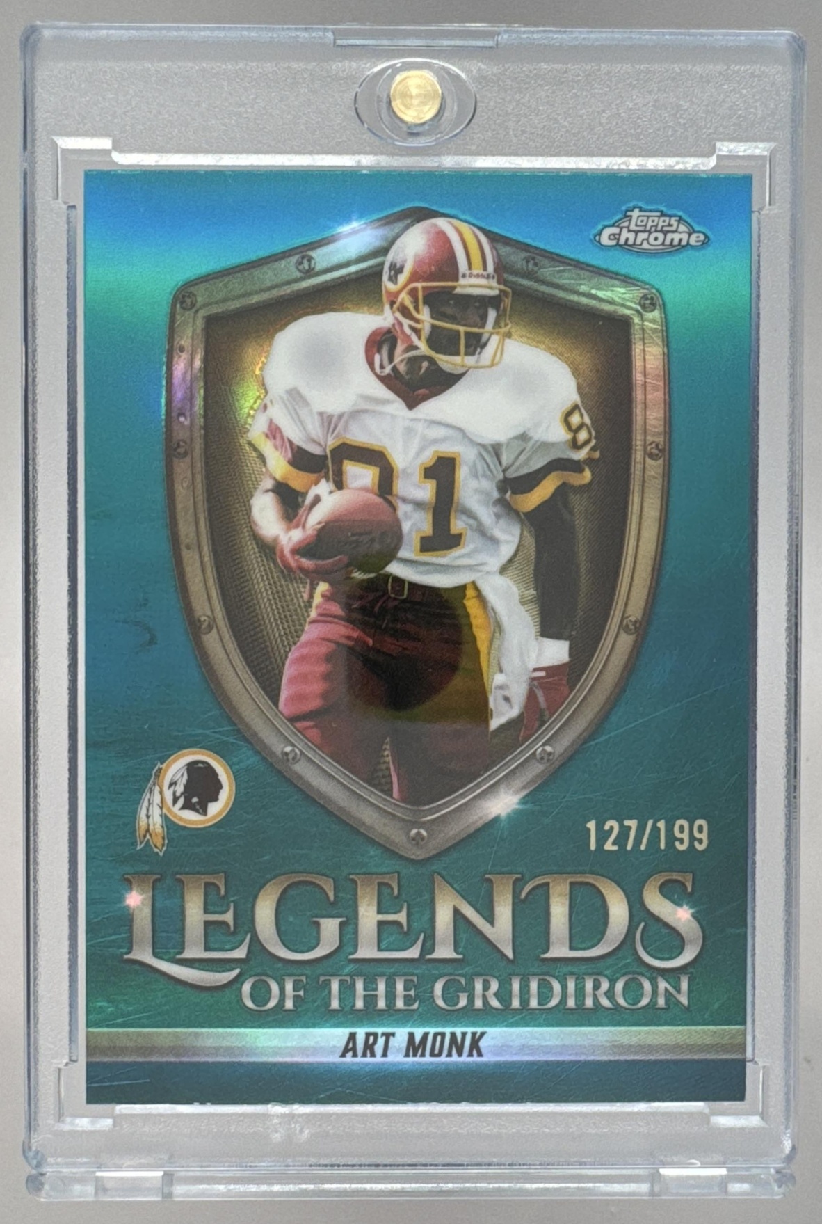 Card image for 2025 Topps Chrome Art Monk Legends of the Gridiron Aqua Refractor /199 #LOG-19 Redskins