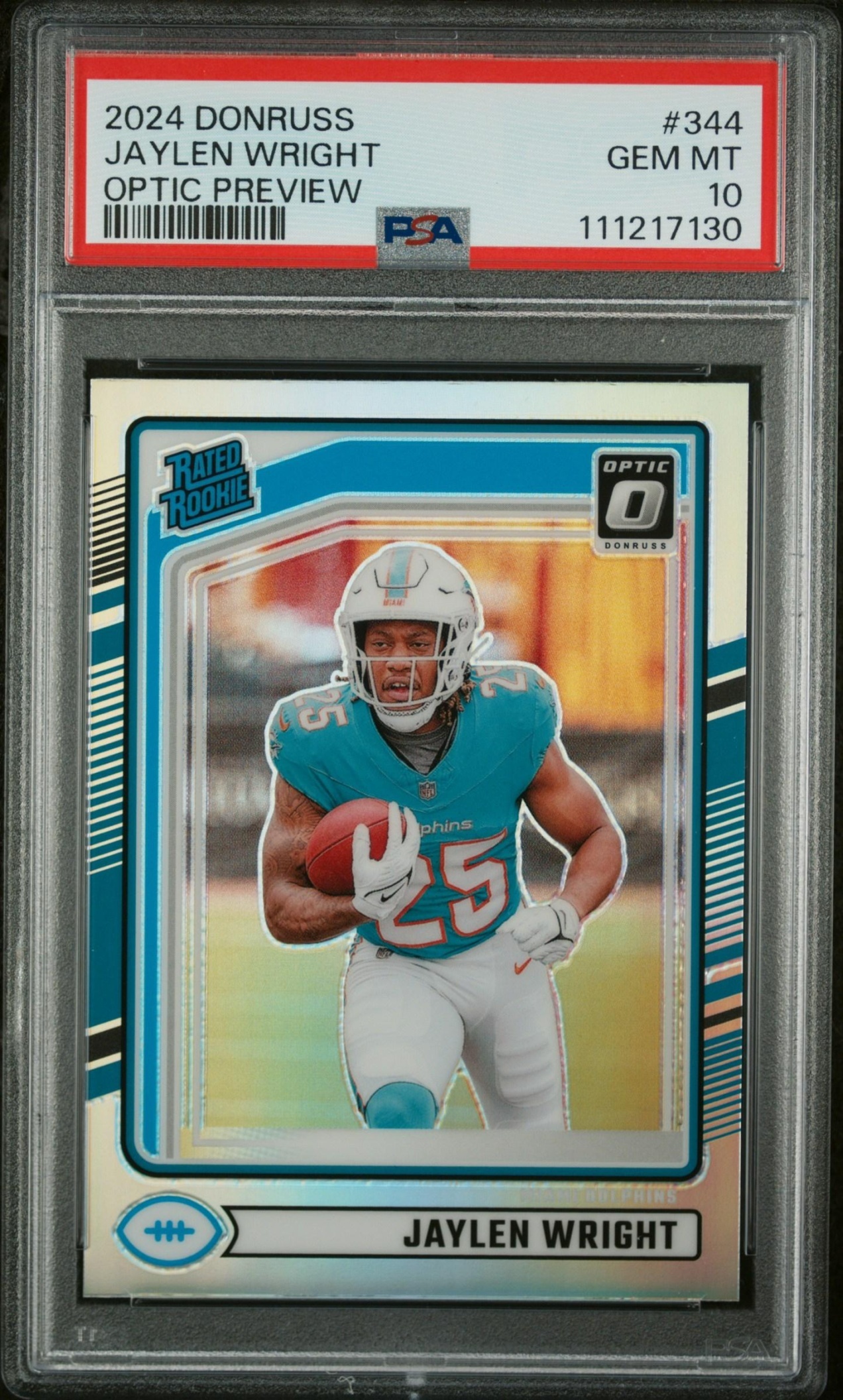 Card image for 2024 Panini Donruss Jaylen Wright Optic Rated Rookie Preview Red and Green #344 Dolphins