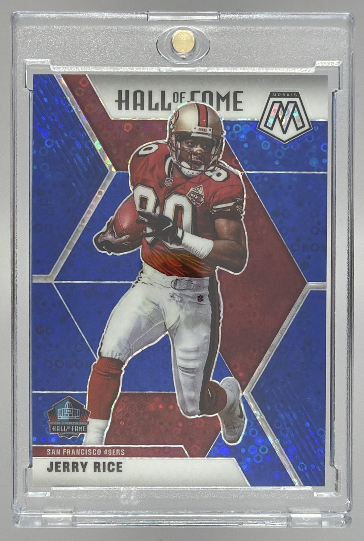 Card image for 2020 Panini Mosaic Jerry Rice No Huddle Prizm Blue /75 #287 49ers