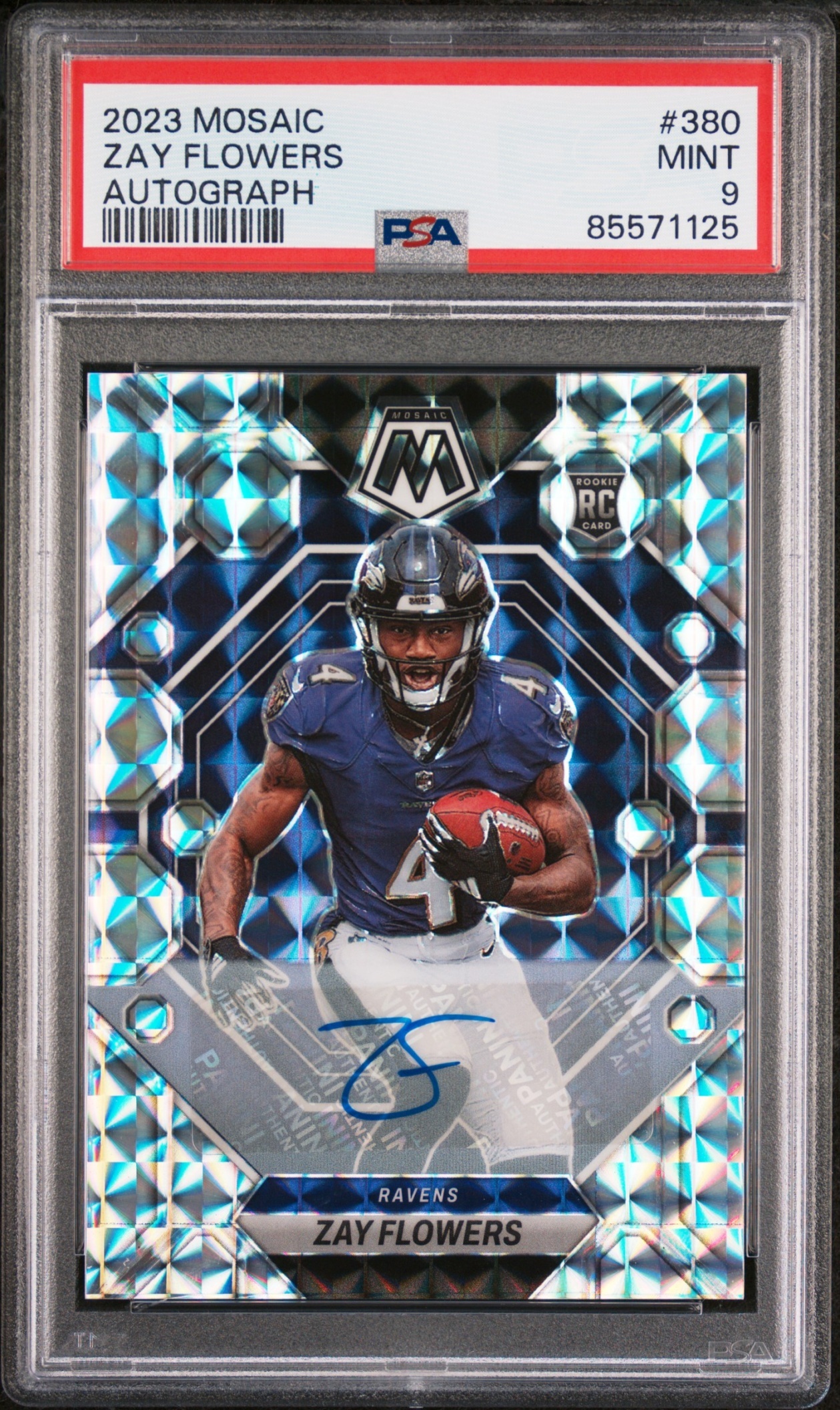Card image for 2023 Panini Mosaic Zay Flowers Rookie Auto Mosaic Purple /49 #380 RC Ravens
