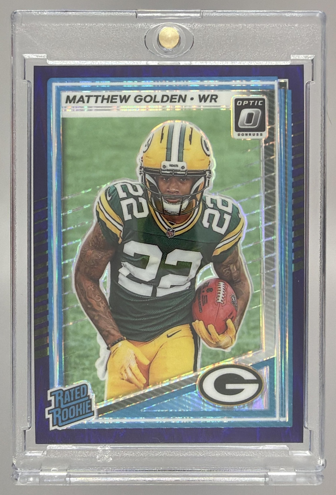 Card image for 2025 Panini Donruss Optic Matthew Golden Rated Rookie Green Hyper Prizm #205 Packers