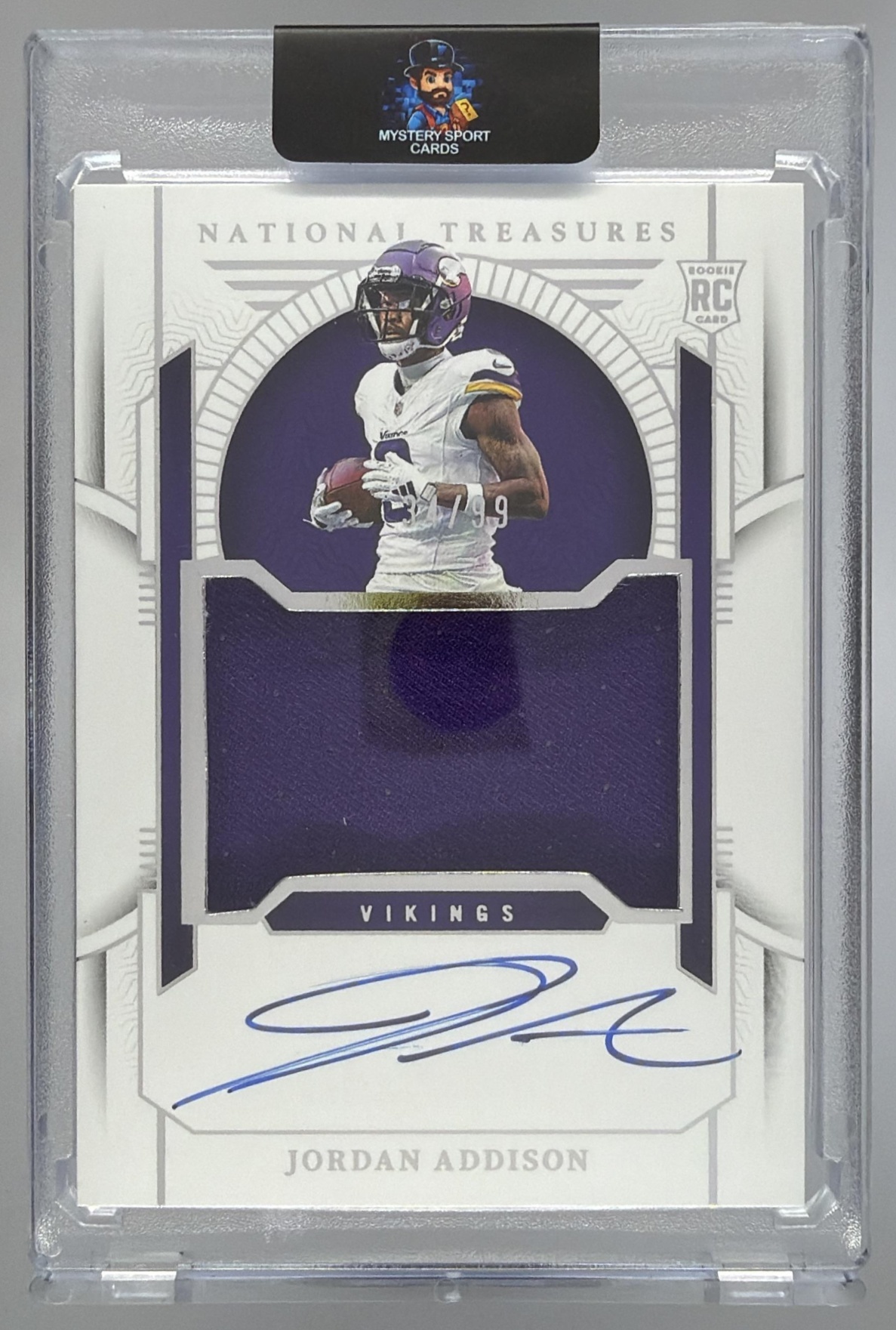 Card image for 2023 Panini National Treasures Jordan Addison /99 #174 Rookie Patch Auto MEM RC Vikings