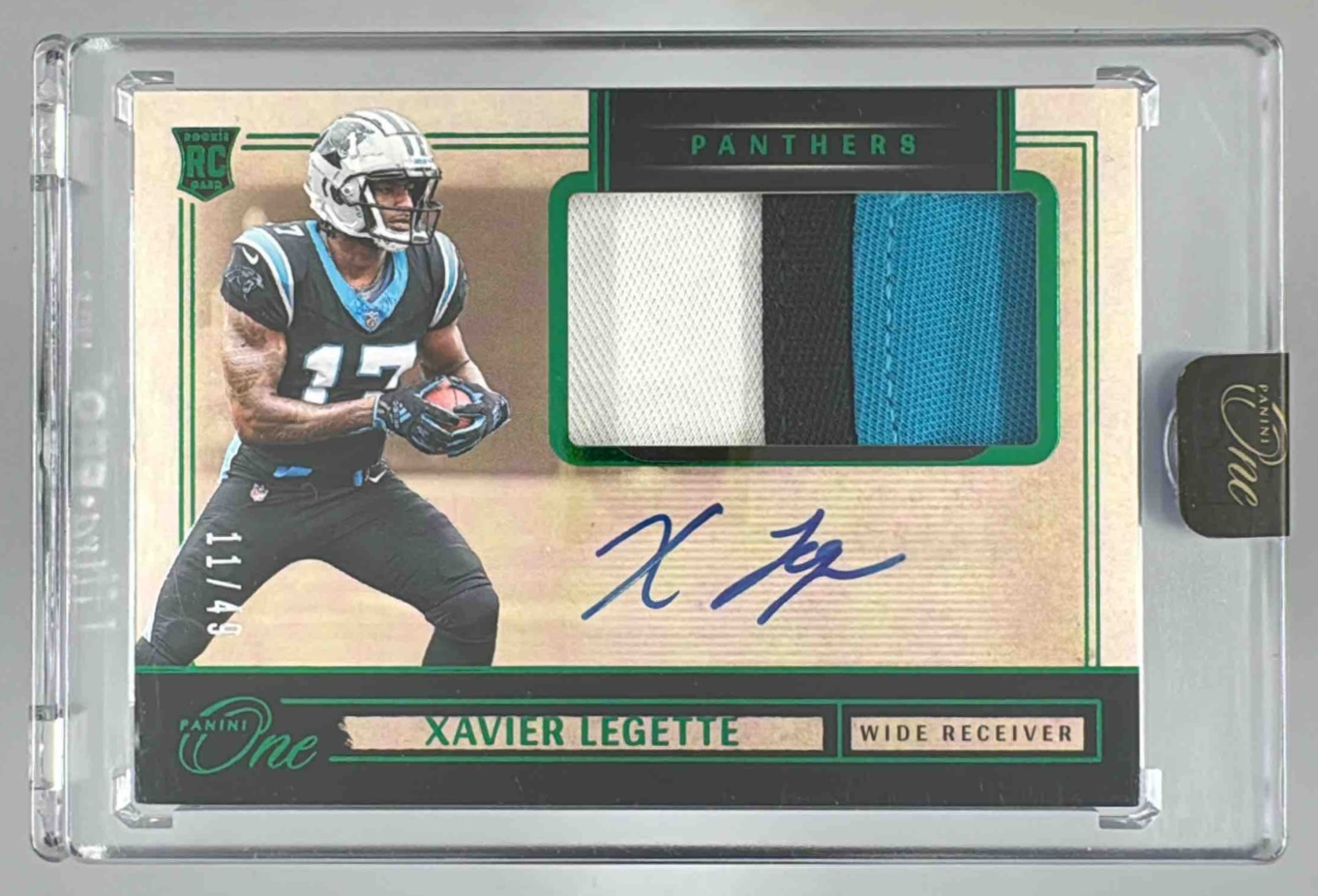 Card image for 2024 Panini One Xavier Legette Rookie Patch Auto Green /49 #6 MEM RC Panthers