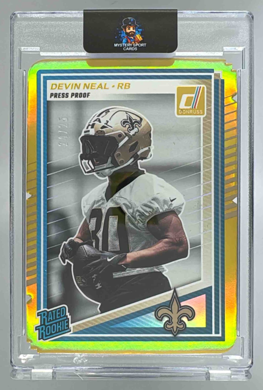 Card image for 2025 Panini Donruss Devin Neal Optic Rated Rookie Preview Green Pandora /25 #359 RC Saints
