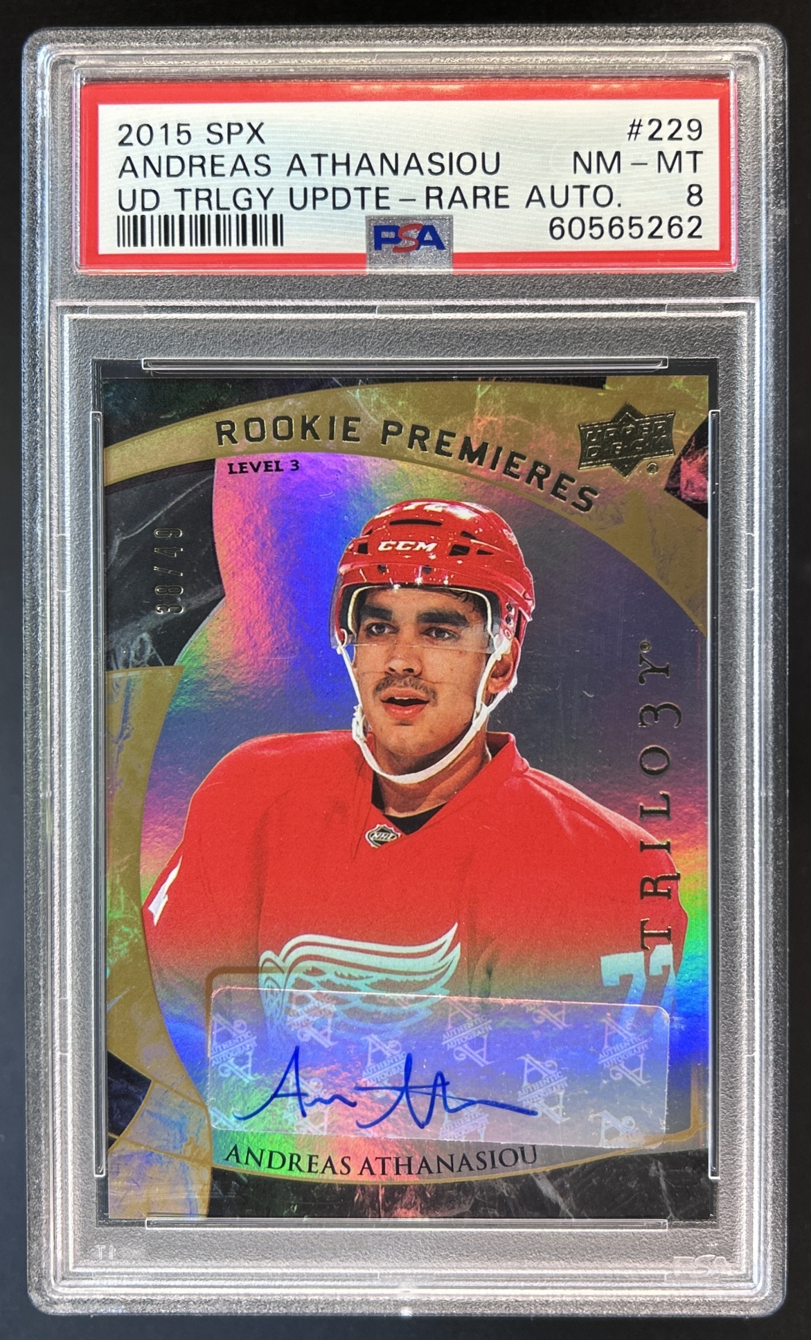 Card image for 2015-16 SPX ANDREAS ATHANASIOU #229 2015 16 UPPER DECK TRILOGY UPDATE: RARE ROOKIE AUTO /49 RC PSA 8 NM/MT DETROIT RED WINGS