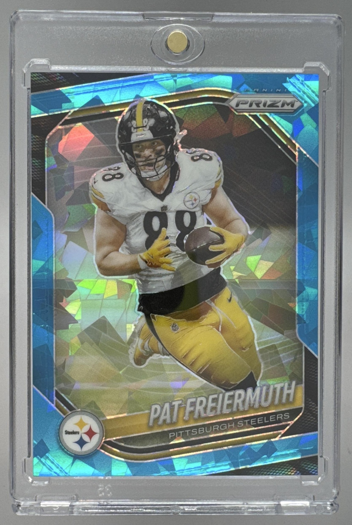 Card image for 2025 Panini Football Prizm Pat Freiermuth Blue Ice /99 #243 Pittsburgh Steelers