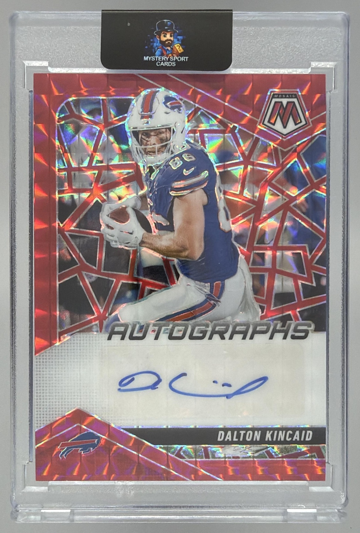 Card image for 2025 Panini Mosaic Dalton Kincaid Mosaic Auto Red Prizm /199 #AMC-DKD Bills