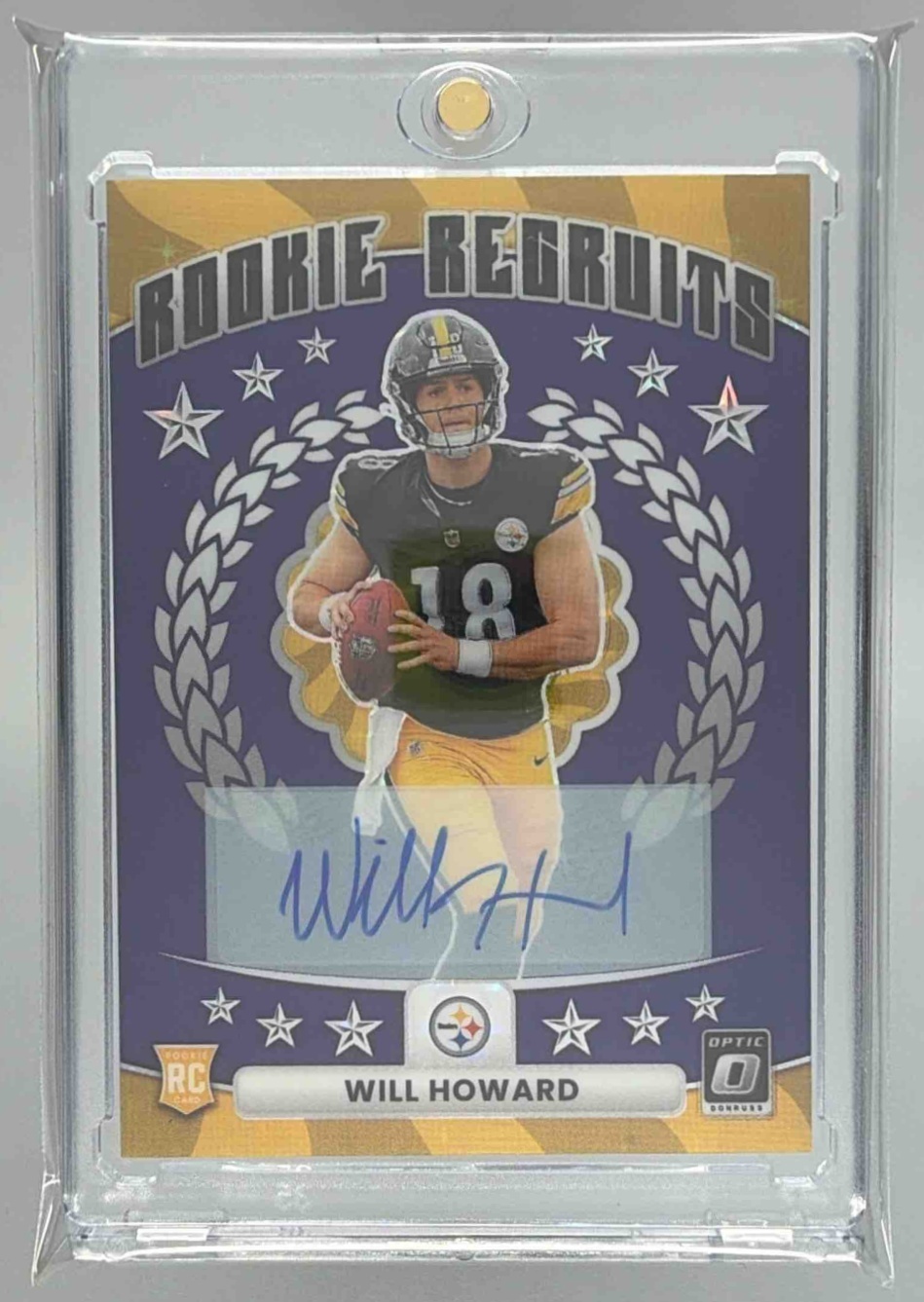 Card image for 2025 Panini Donruss Optic Will Howard Rookie Recruits Auto Purple Stars Prizm /25 #11 RC Steelers