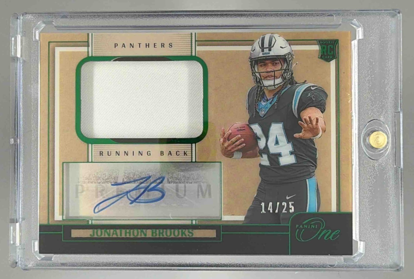 Card image for 2024 Panini One Jonathon Brooks Premium Rookie Patch Auto Green /25 #113 MEM RC Panthers