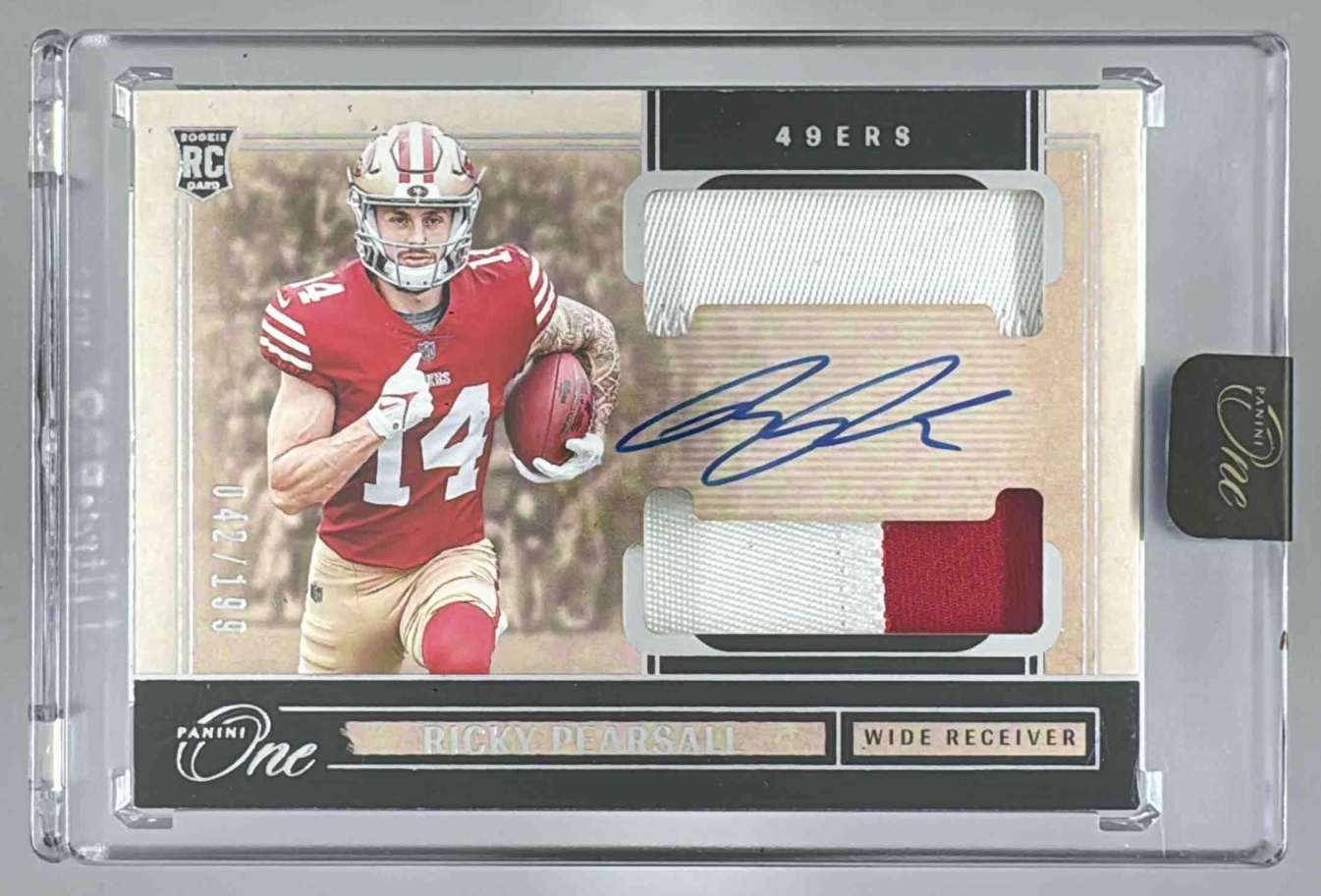 Card image for 2024 Panini One Ricky Pearsall Rookie Dual Patch Auto /199 #38 MEM RC 49ers