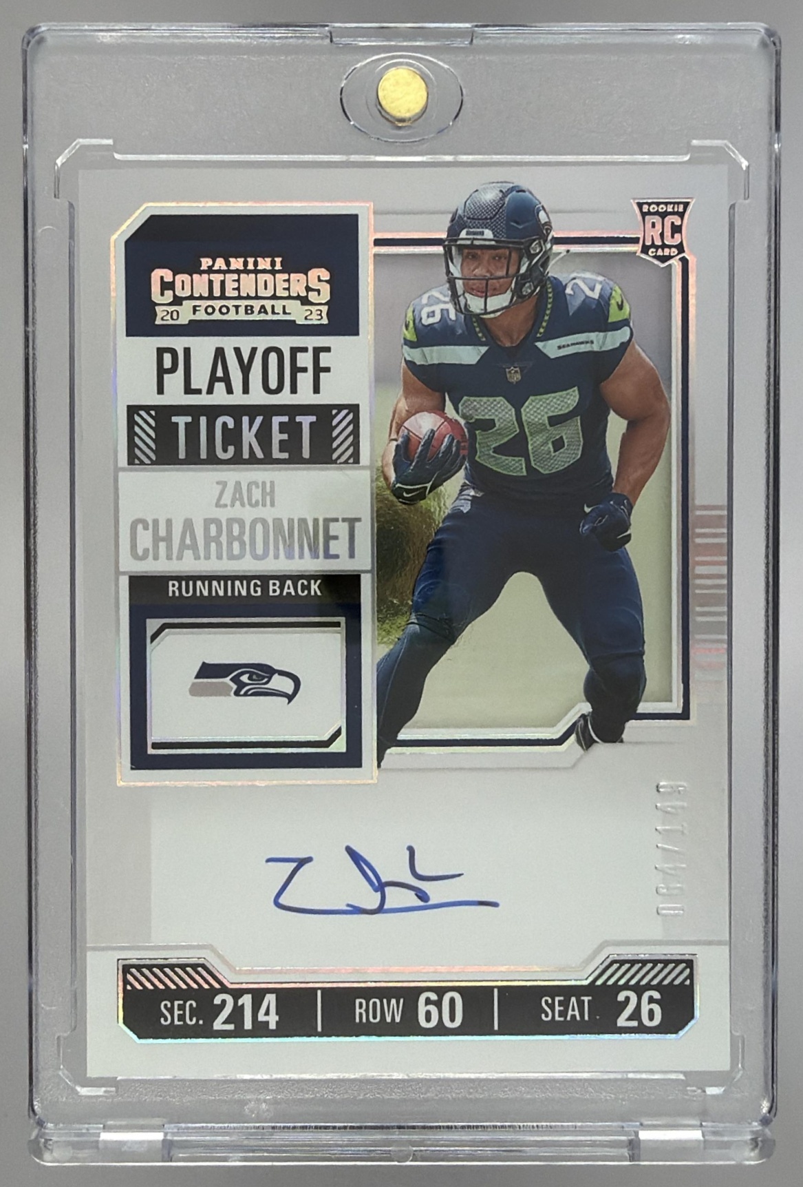 Card image for 2023 Panini Contenders Optic Zach Charbonnet #141 Rookie Ticket RPS Auto RC Seahawks