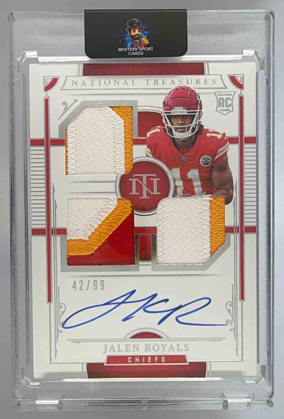 Card image for 2025 Panini National Treasures Jalen Royals Rookie Material Signatures RPS Triple /99 #RMS-JRS MEM RC Auto Chiefs