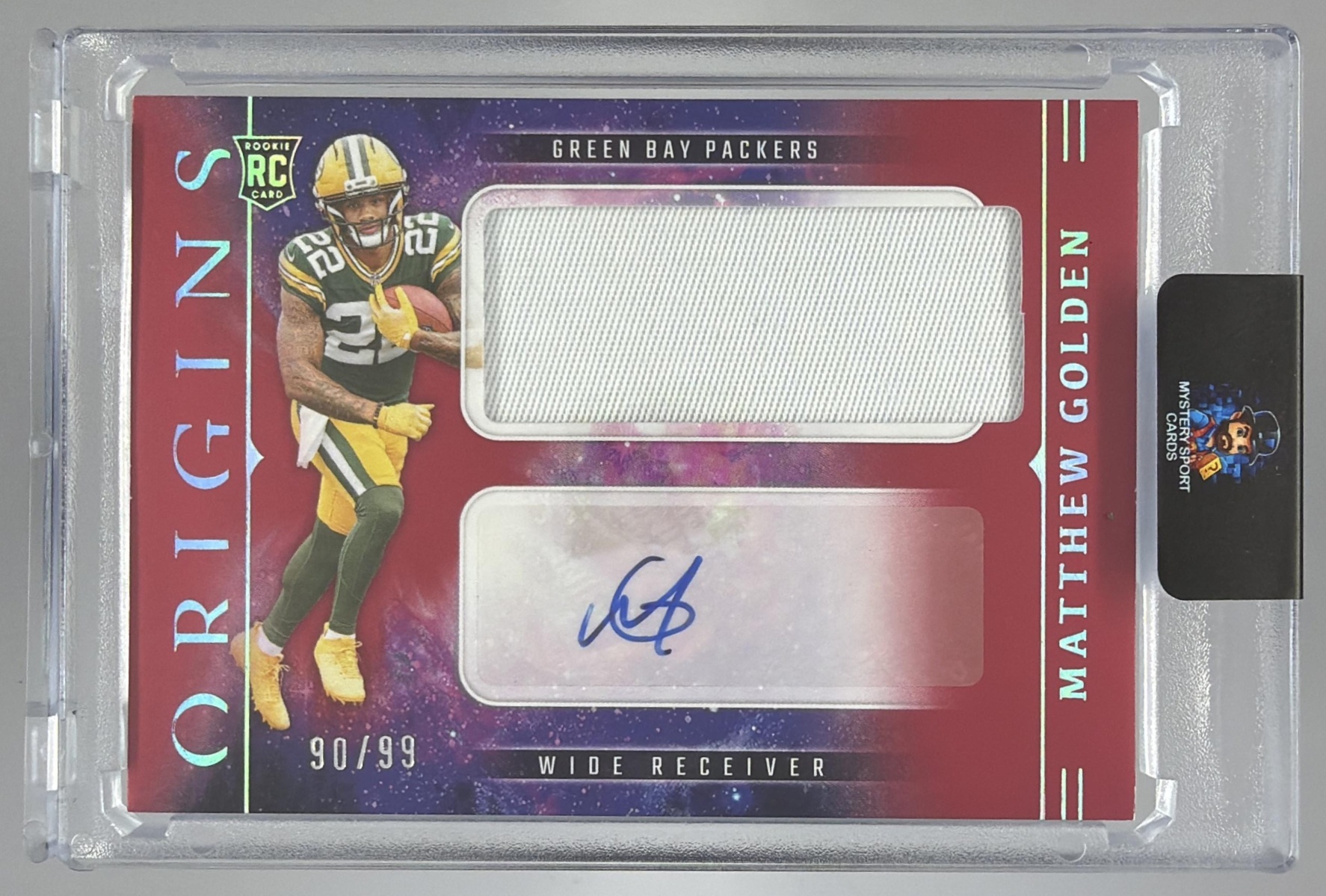 Card image for 2025 Panini Origins Matthew Golden Rookie Jumbo Jersey Auto Red /99 #RJJ-MGN RC Packers
