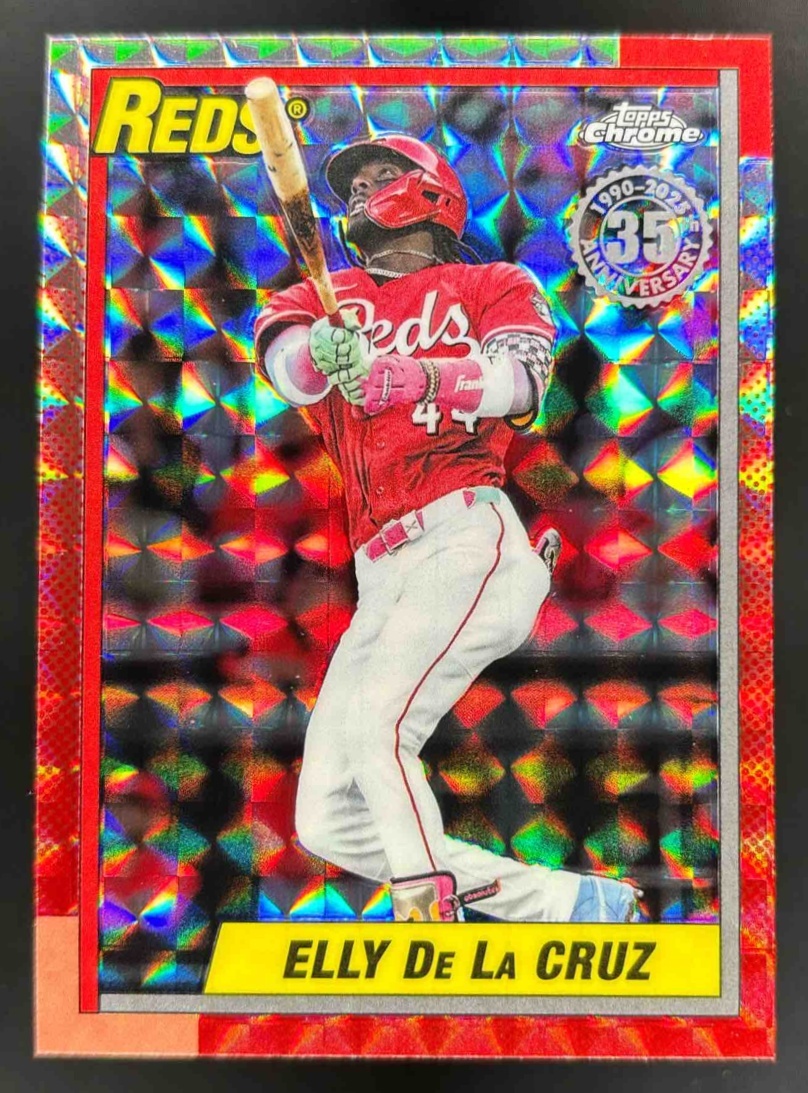 Card image for 2025 Topps Chrome Update Elly De La Cruz 1990 Geometric Refractor #90CU-3 Reds