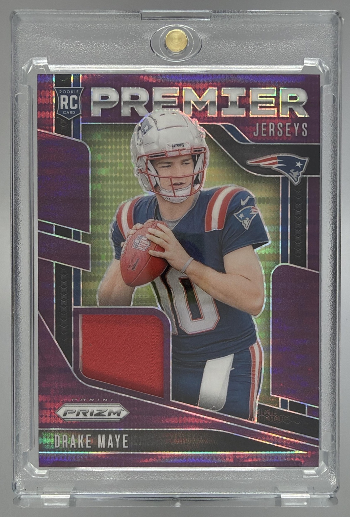 Card image for 2024 Panini Prizm Drake Maye Premier Jerseys #PJ-DME MEM RC Patriots