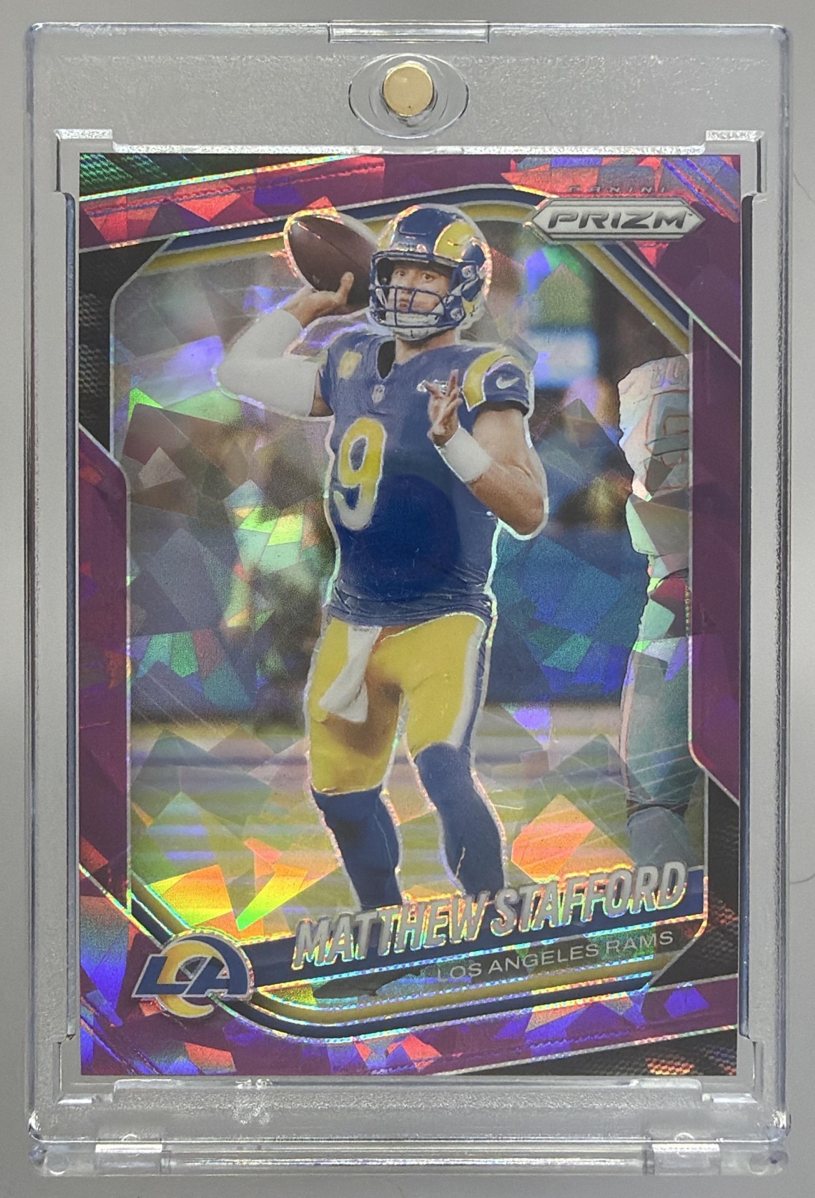 Card image for 2025 Panini Football Prizm Matthew Stafford Purple Ice /225 #21 Los Angeles Rams