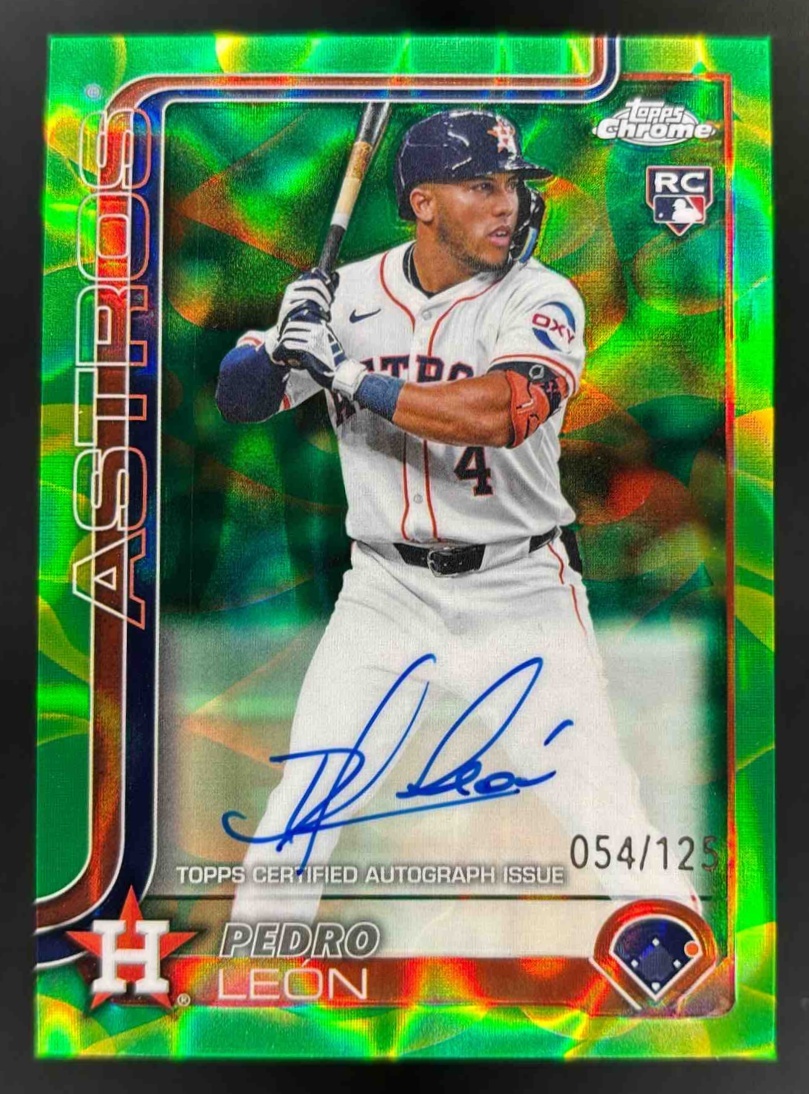 Card image for 2025 Topps Chrome Update Pedro Leon Rookie Lava Lamp Auto Green/Yellow /125 RC