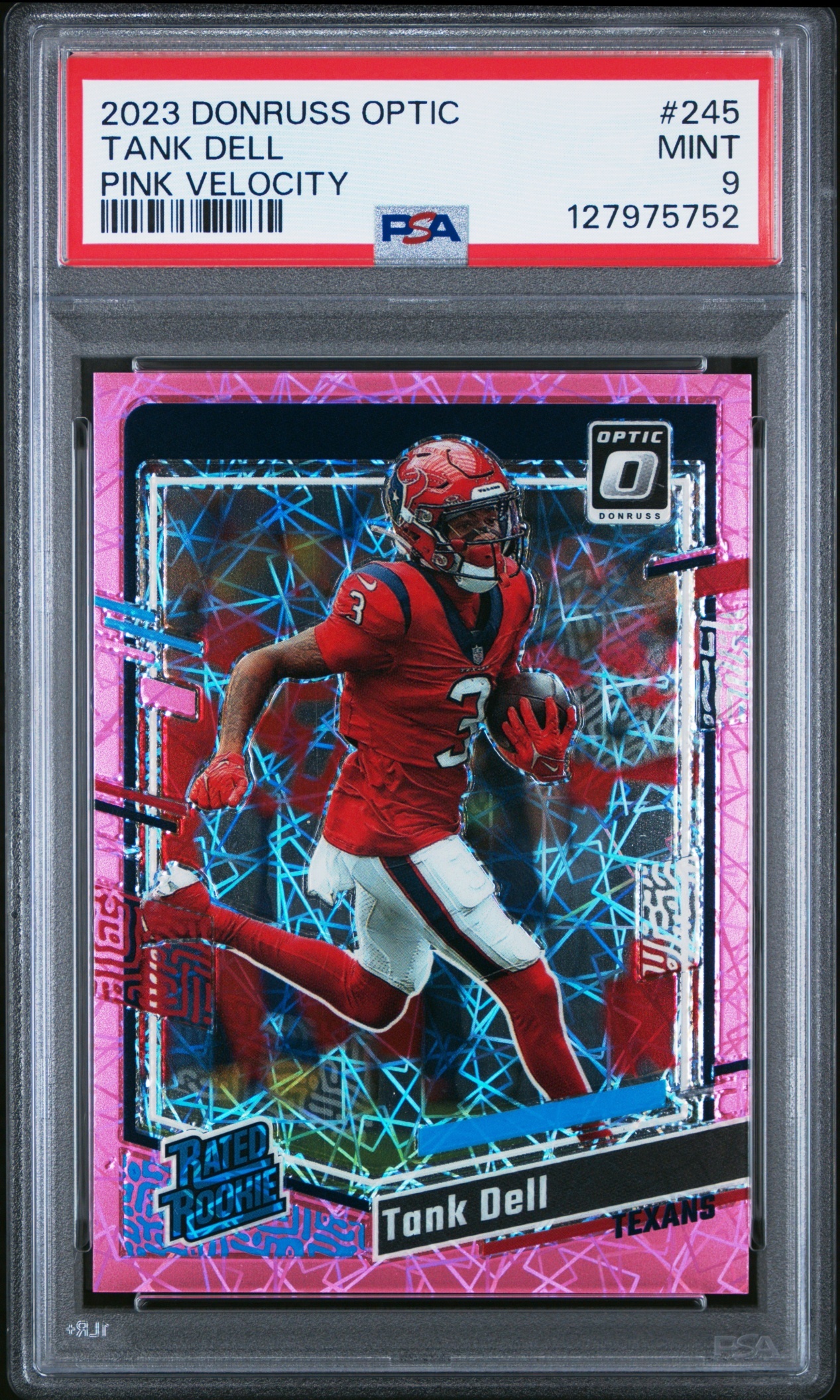 Card image for 2023 Panini Donruss Optic Tank Dell Pink Velocity Prizm /79 #245 RC Rated Rookie Texans