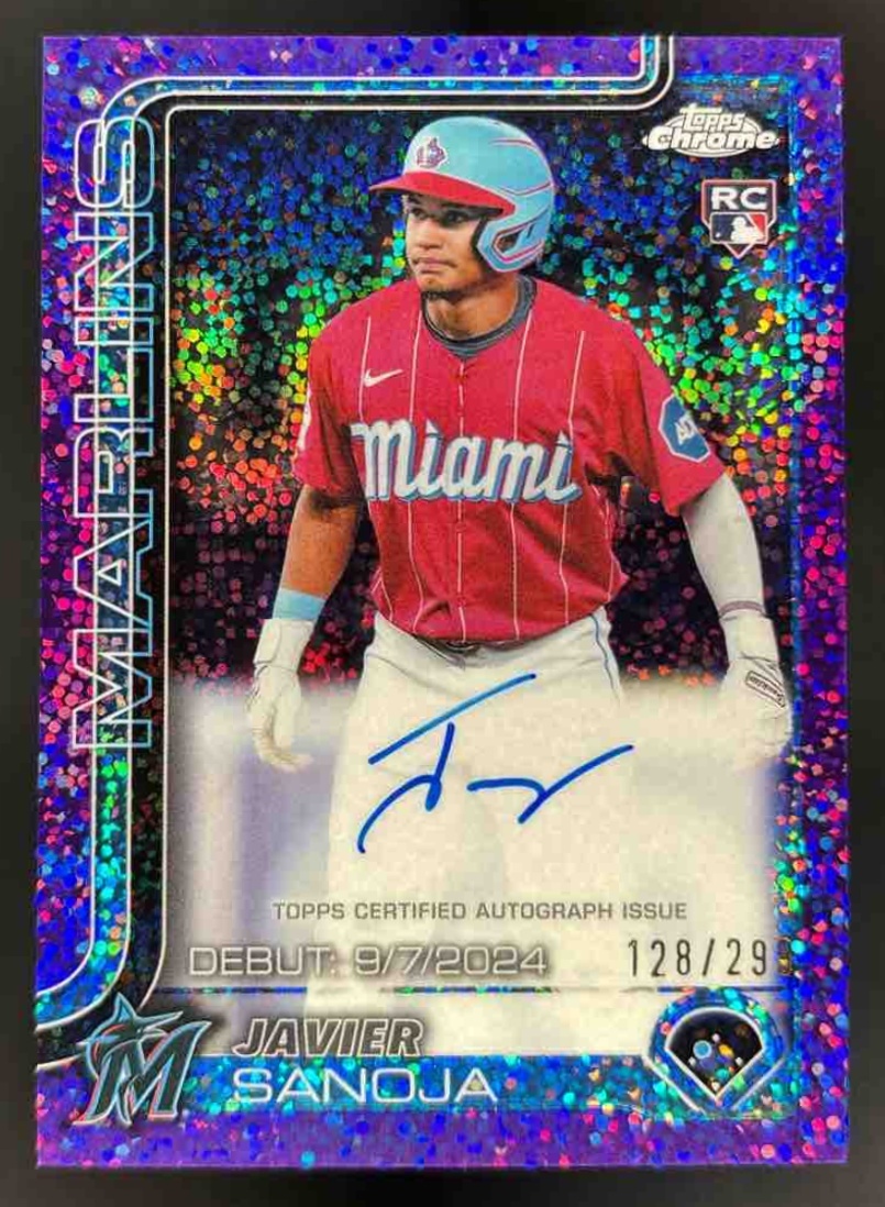 Card image for 2025 Topps Chrome Update Javier Sanoja RC Debut Auto Purple Speckle /299