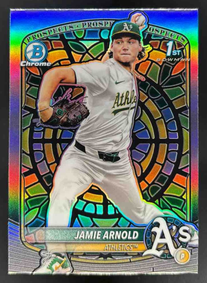 Card image for 2025 Bowman Draft Jamie Arnold Chrome Etched In Glass Variation 1st SSP