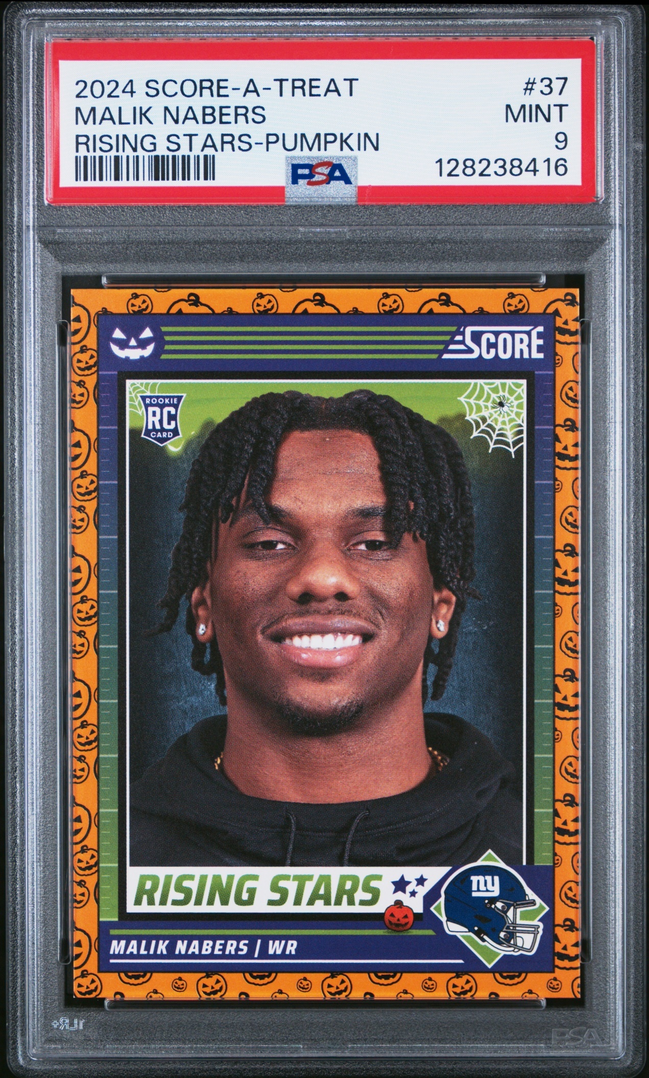 Card image for 2024 Panini Score A Treat Malik Nabers Rising Stars Orange Pumpkin #37 RC Giants