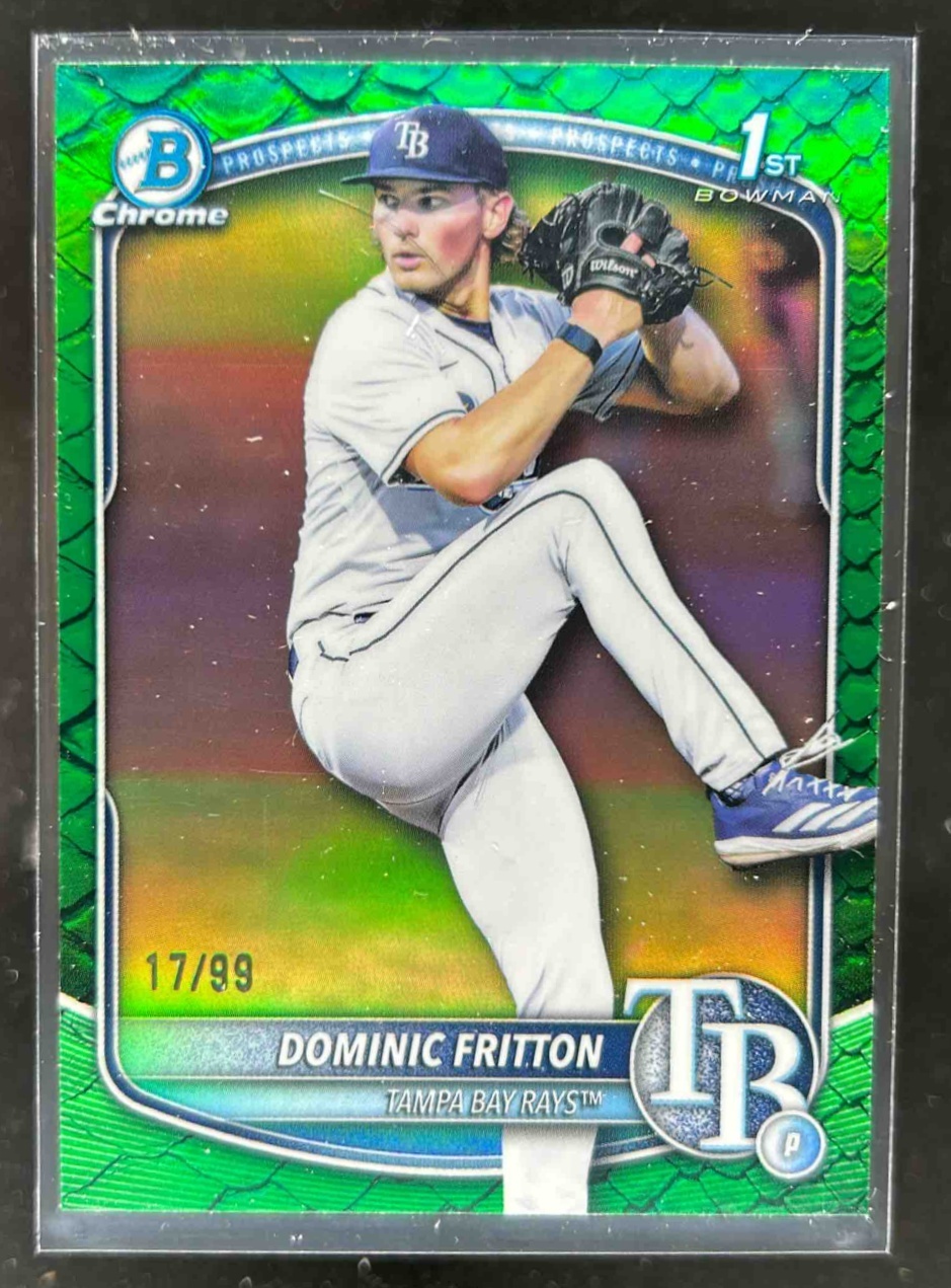 Card image for Dominic Fritton 2025 Bowman Draft Chrome Green Reptilian Refractor /99