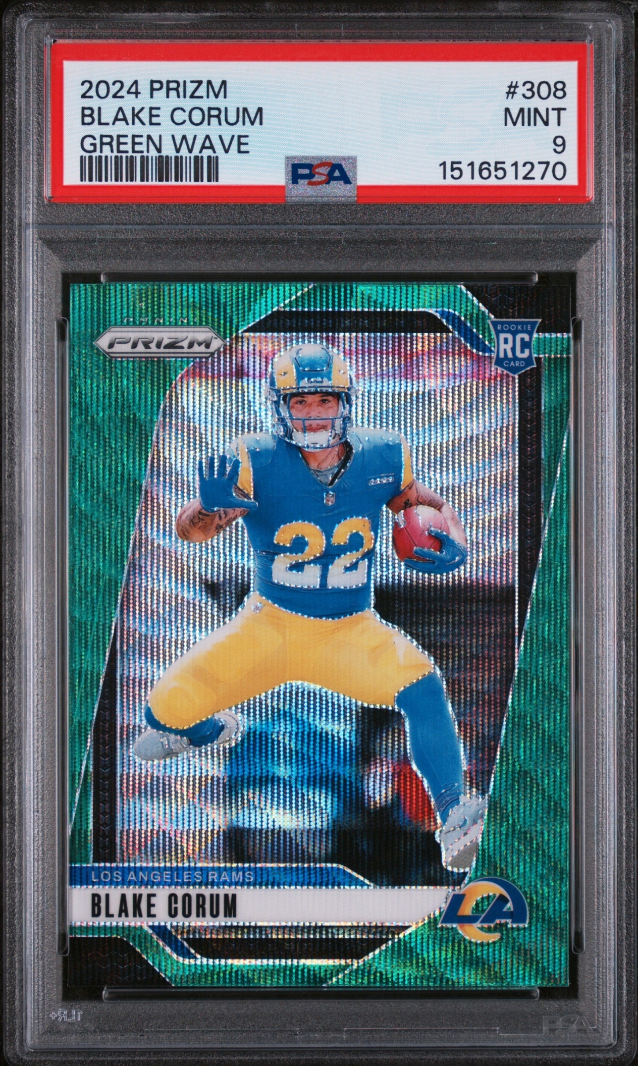 Card image for 2024 Panini Football Prizm Blake Corum Green Wave #308 RC Los Angeles Rams