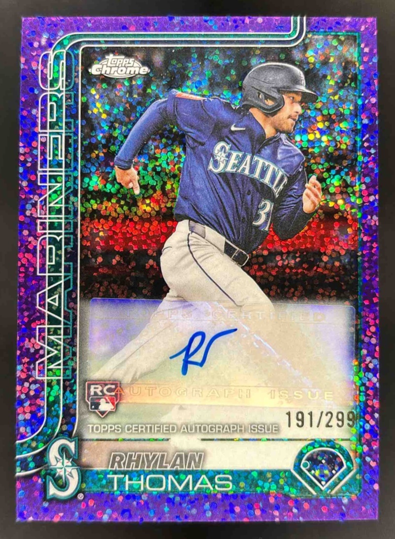 Card image for 2025 Topps Chrome Update Rhylan Thomas Auto Purple Speckle Refractor /299 RC