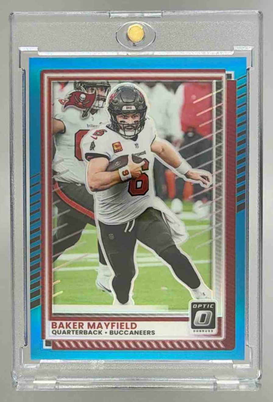 Card image for 2025 Panini Donruss Optic Baker Mayfield Aqua Prizm /349 #148 Buccaneers