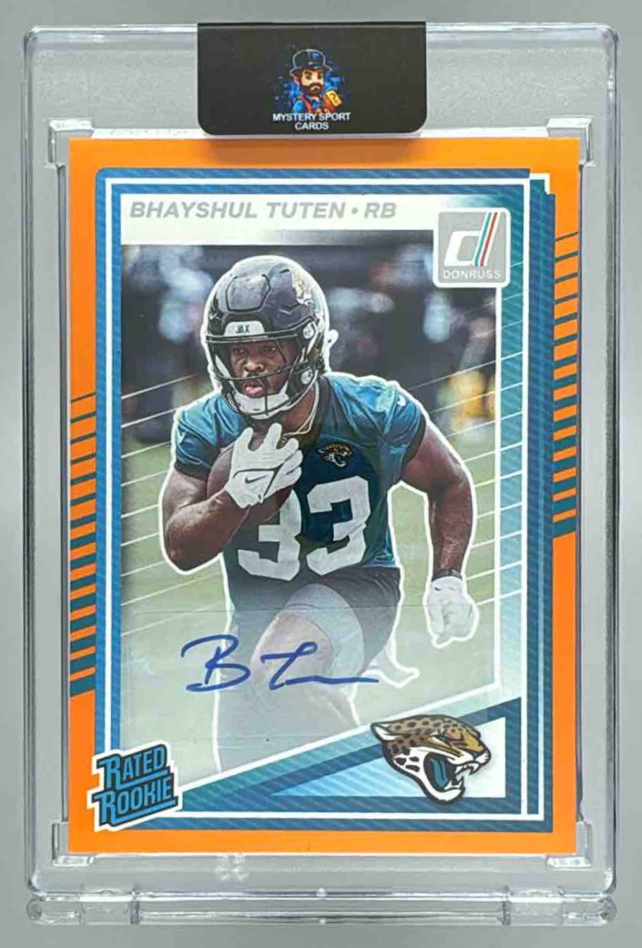 Card image for 2025 Panini Donruss Bhayshul Tuten Rated Rookie Auto Orange #333 RC Jaguars