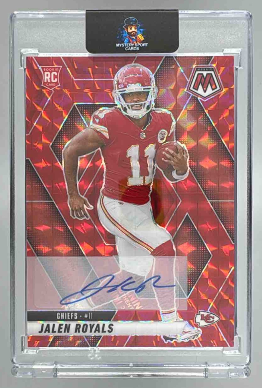 Card image for 2025 Panini Mosaic Jalen Royals Rookie Auto Red Prizm /199 #313 RC Chiefs