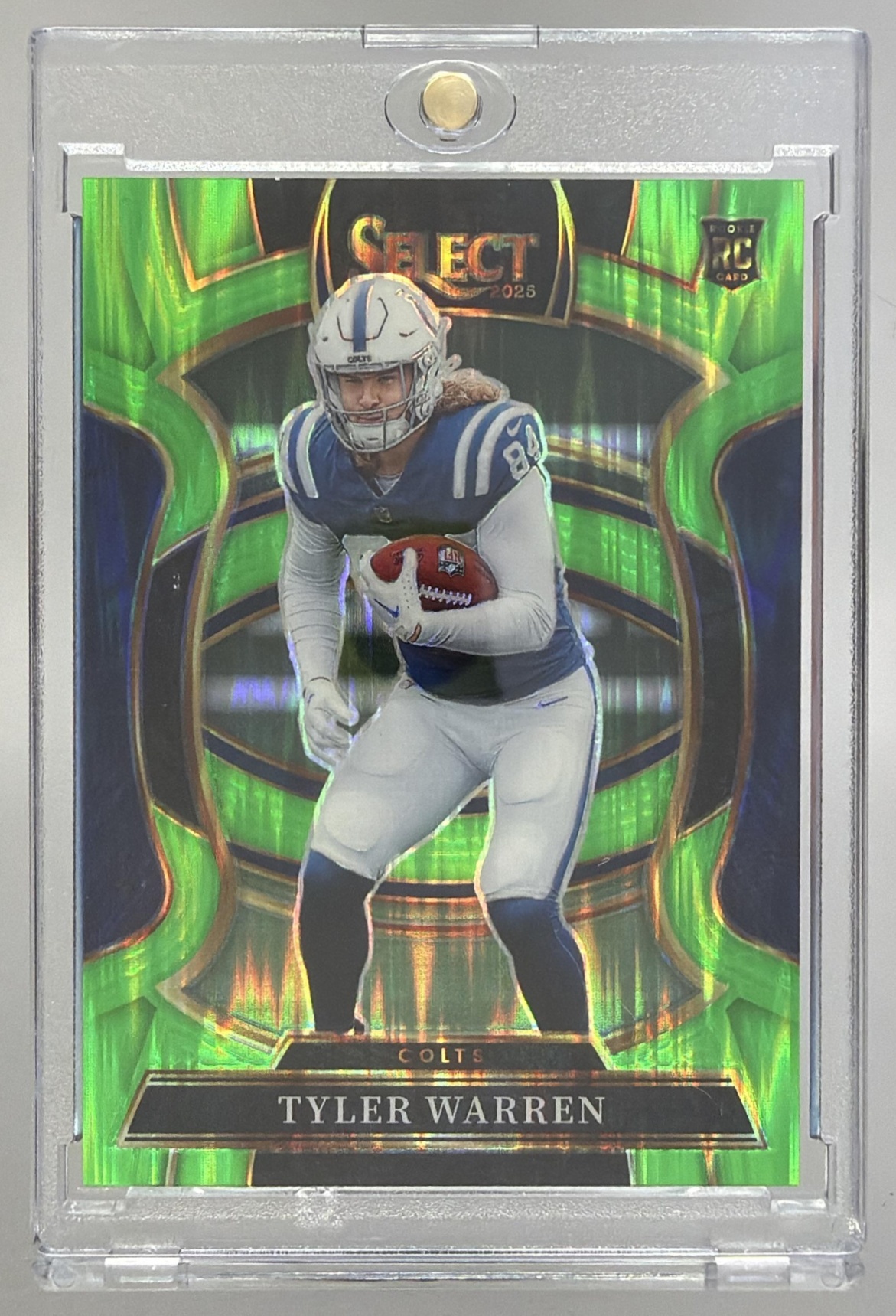 Card image for 2025 Panini Select Tyler Warren Concourse Neon Green Prizm Shock /699 #33 RC Colts