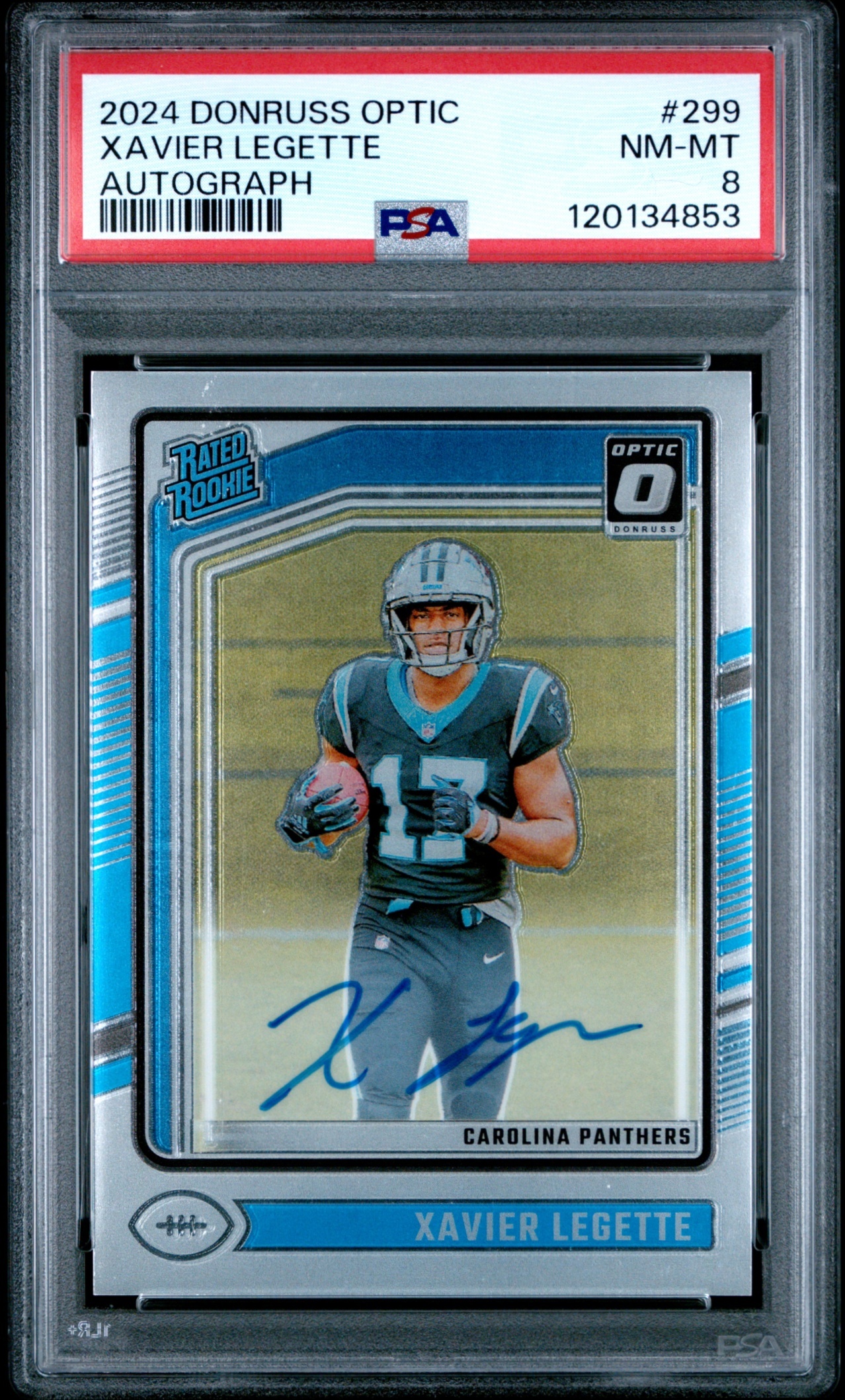 Card image for 2024 Panini Donruss Optic Xavier Legette Rated Rookie RPS Auto /325 #299 Panthers
