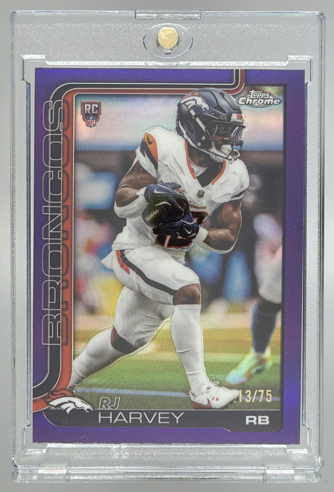 Card image for 2025 Topps Chrome RJ Harvey Rookie Purple Geometric Refractor /75 #330 RC Broncos