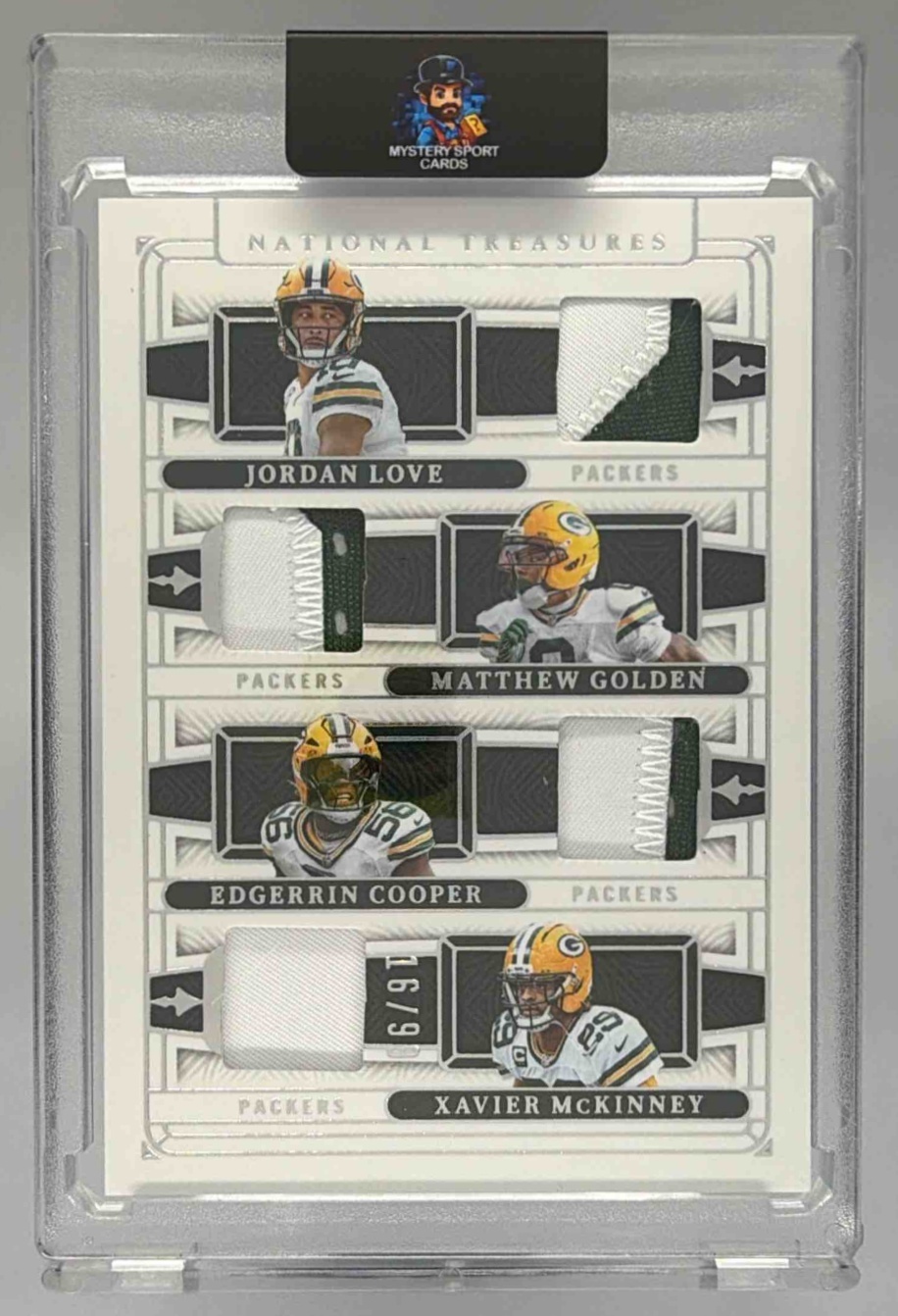 Card image for 2025 Panini National Treasures Jordan Love Edgerrin Cooper Matthew Golden Xavier McKinney NFL Gear Quad Materials /99 #NQM-GB MEM Packers