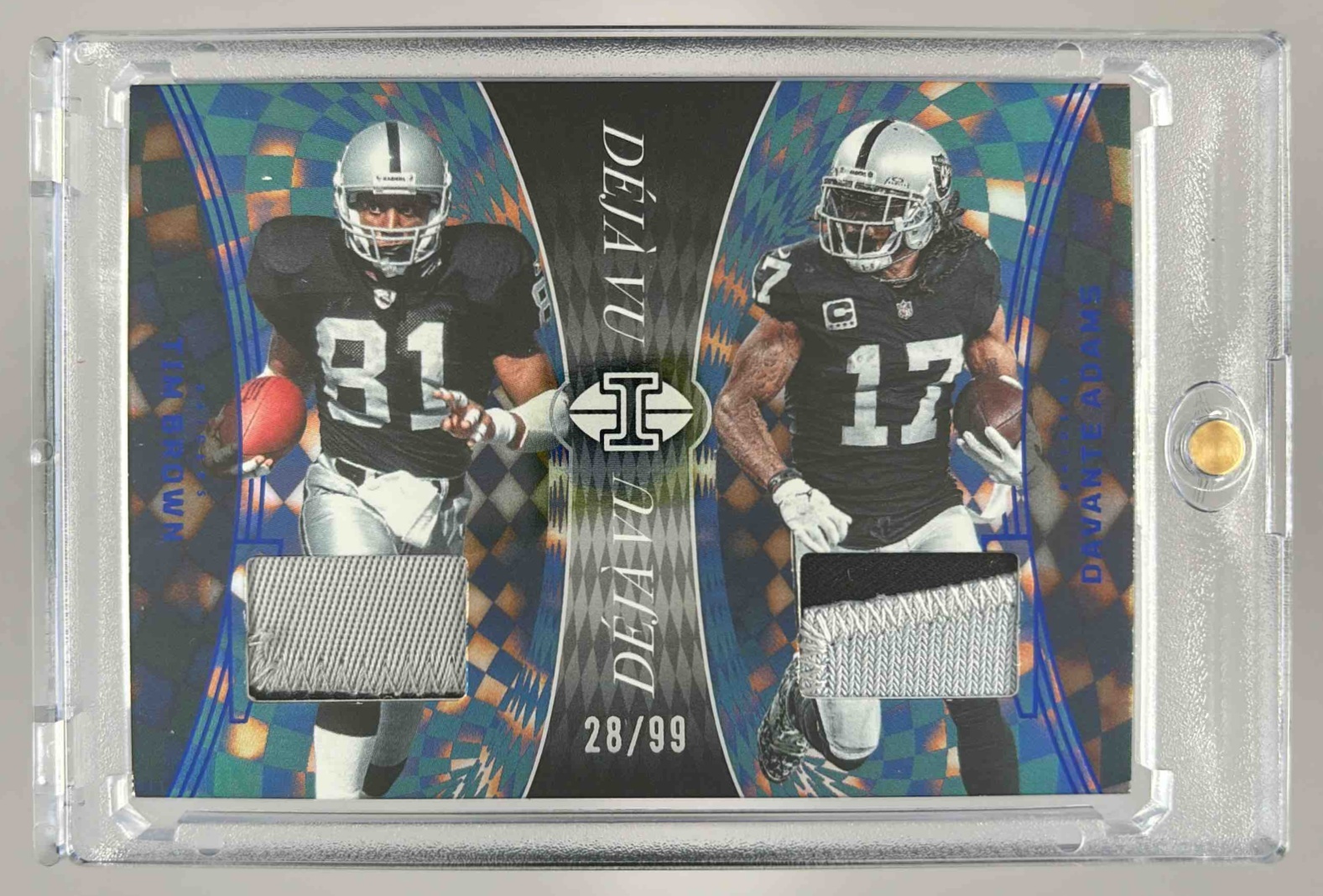 Card image for 2024 Panini Illusions Davante Adams Tim Brown Deja Vu Blue /99 #DV-RAI MEM Raiders