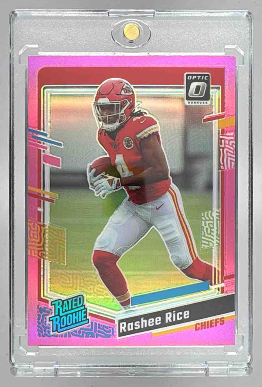 Card image for 2023 Panini Donruss Optic Rashee Rice Pink Prizm #257 RC Rated Rookie Chiefs
