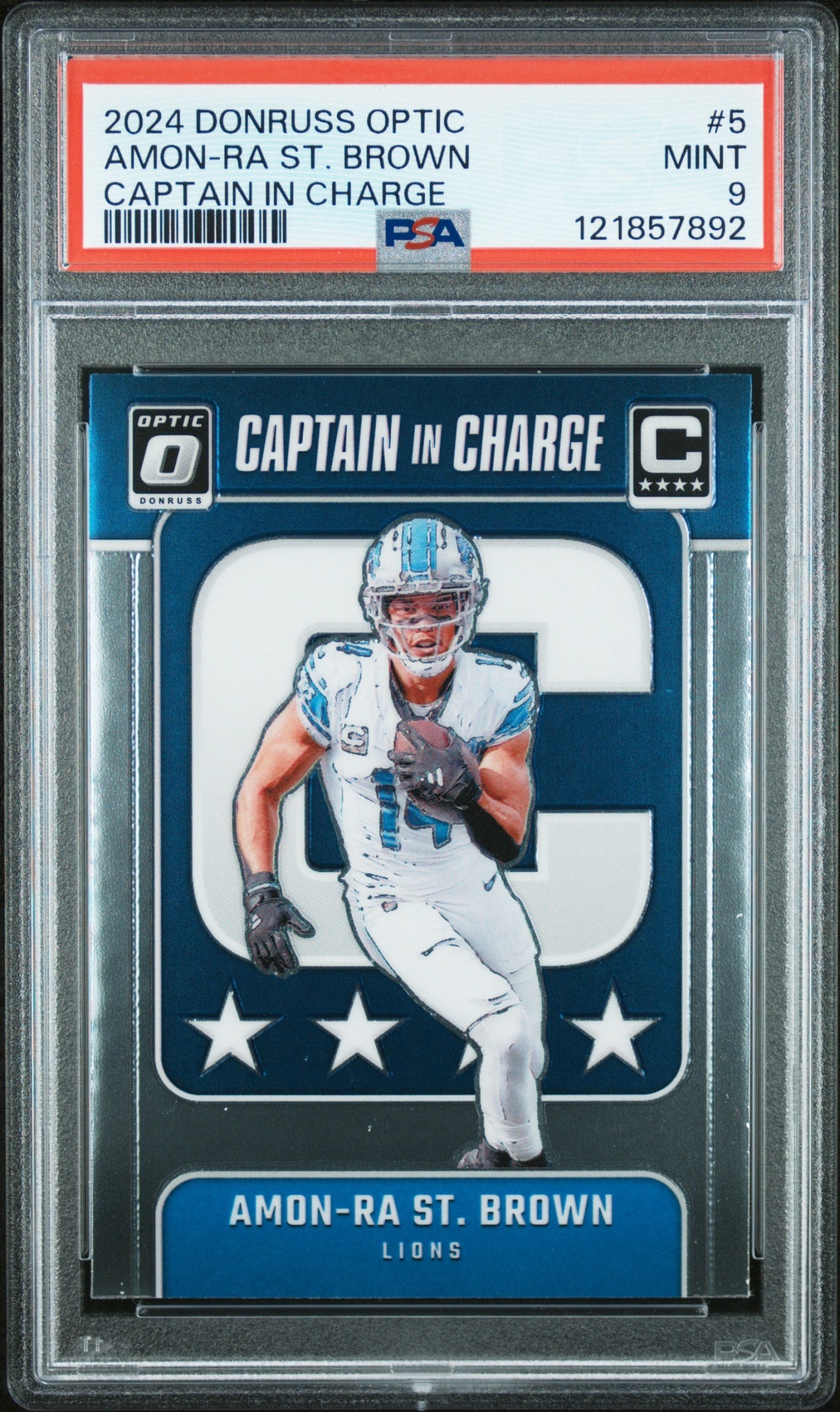 Card image for 2024 Panini Donruss Optic Amon-Ra St. Brown Captain In Charge #5 Lions