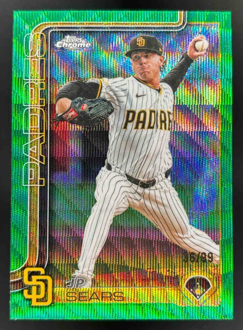 Card image for 2025 Topps Chrome Update JP Sears Green Wave Refractor /99 #USC85 Padres