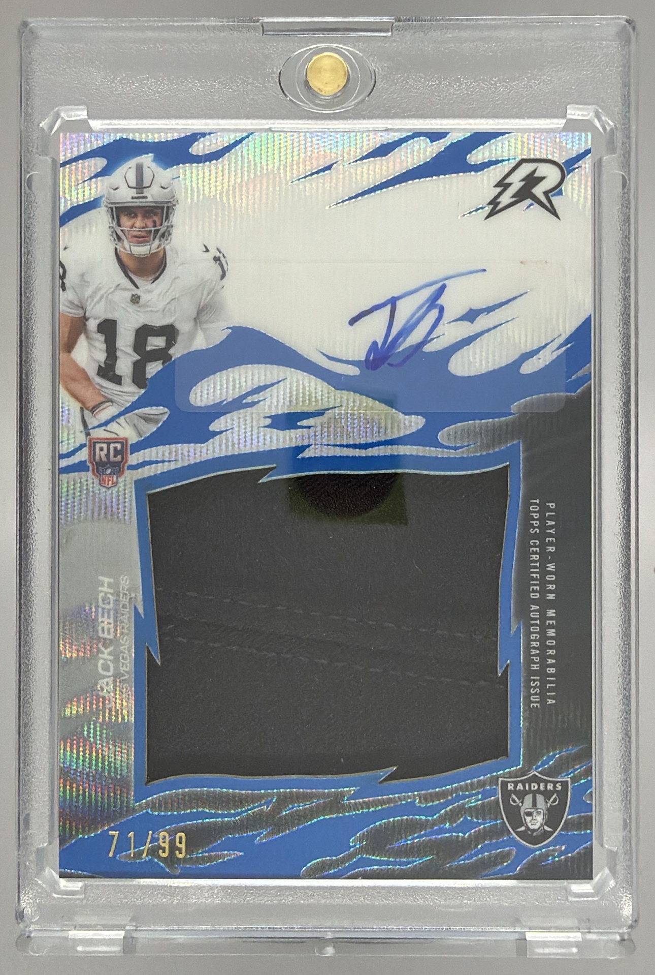 Card image for 2025 Topps Resurgence Jack Bech Rookie Relic Signatures Blue Surge Refractor /99 #RRS-JB RC MEM Auto Raiders