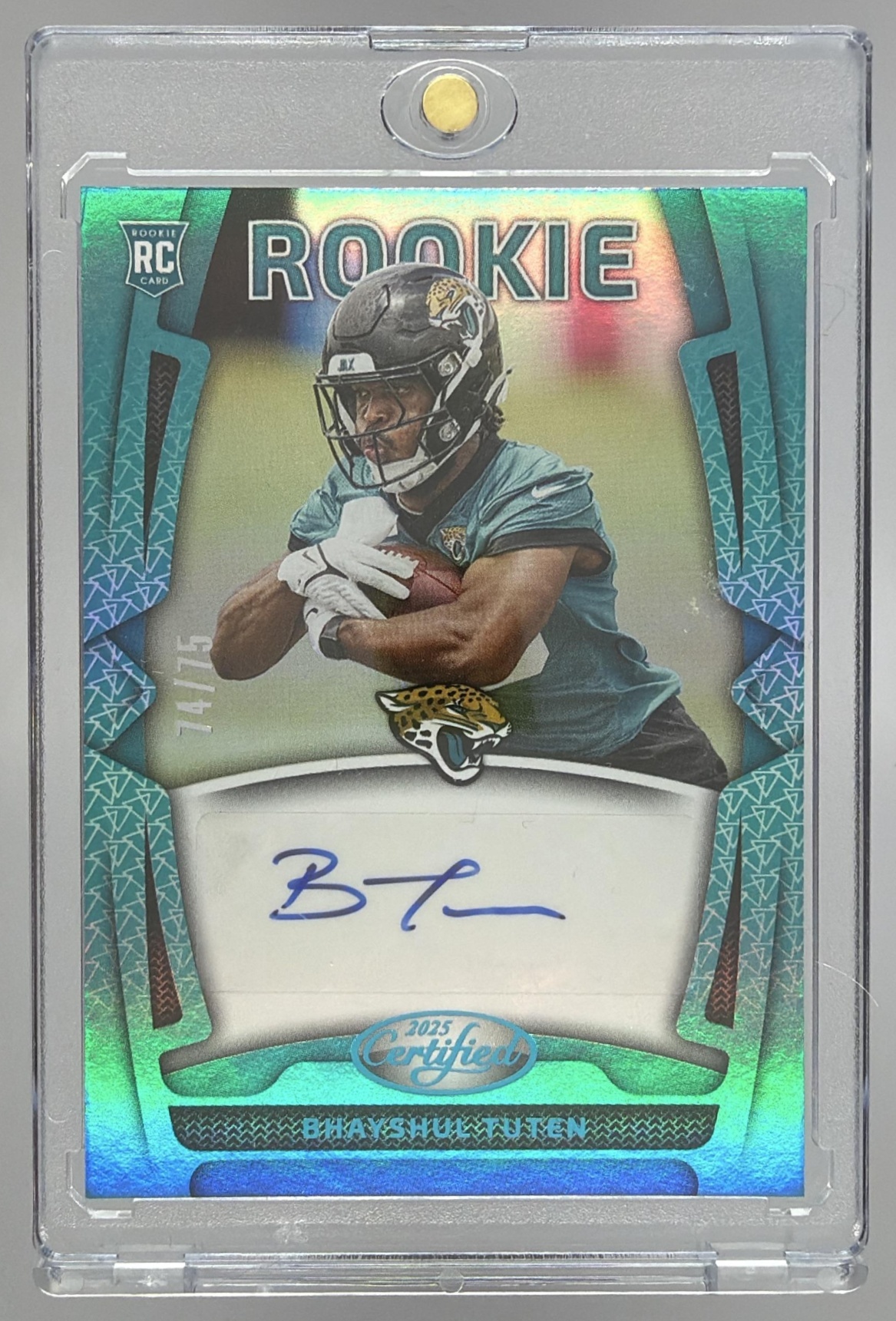 Card image for 2025 Panini Certified Bhayshul Tuten Rookie Signatures Mirror Teal /75 #RSI-THR Auto Jaguars
