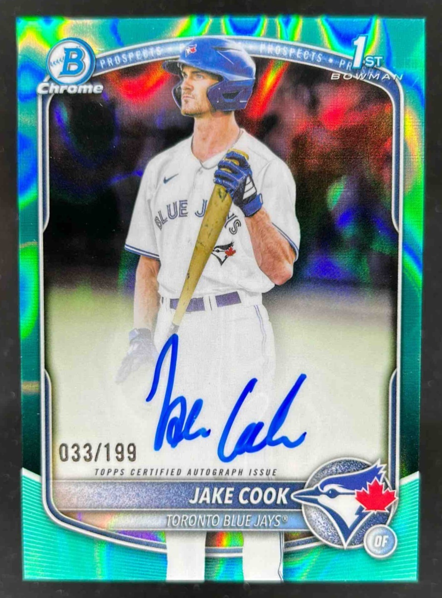 Card image for Jake Cook 2025 Bowman Draft Chrome Prospect Auto Aqua Lava Refractor /199