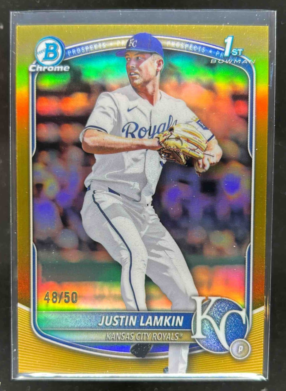 Card image for Justin Lamkin 2025 Bowman Draft Chrome Gold Refractor /50